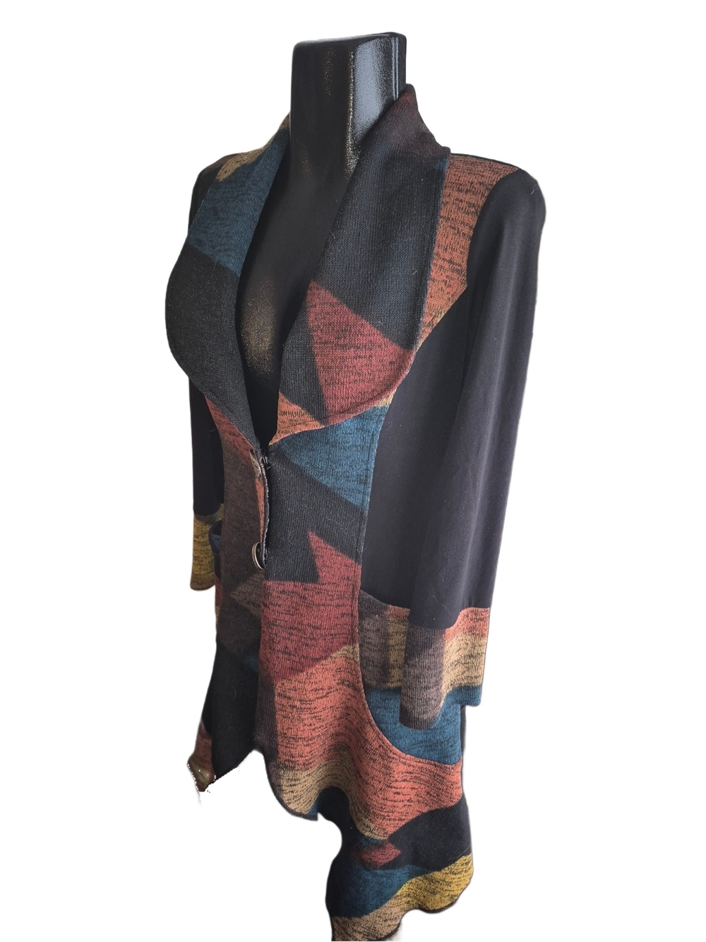 Bali Colorful Geometric Abstract Pattern Longline Knit Cardigan Sweater - Picture 3 of 6